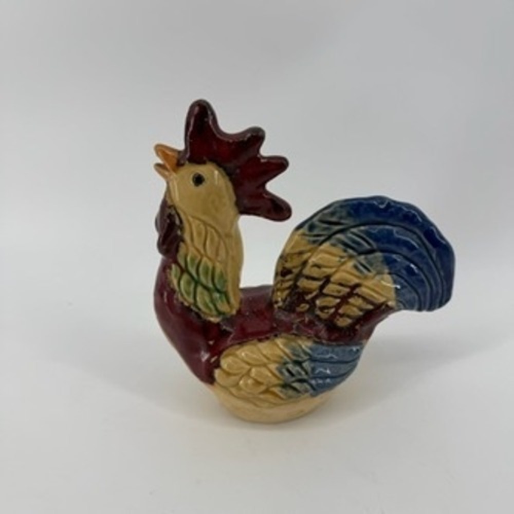 Vintage Hand Painted Ceramic Rooster Figurine Farmhouse Kitchen Decor Red Blue